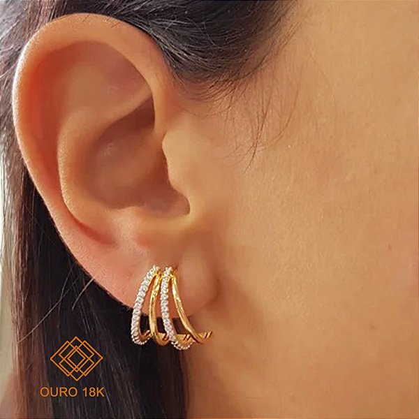 Brinco Meia Argola Ouro 18k Zircônia