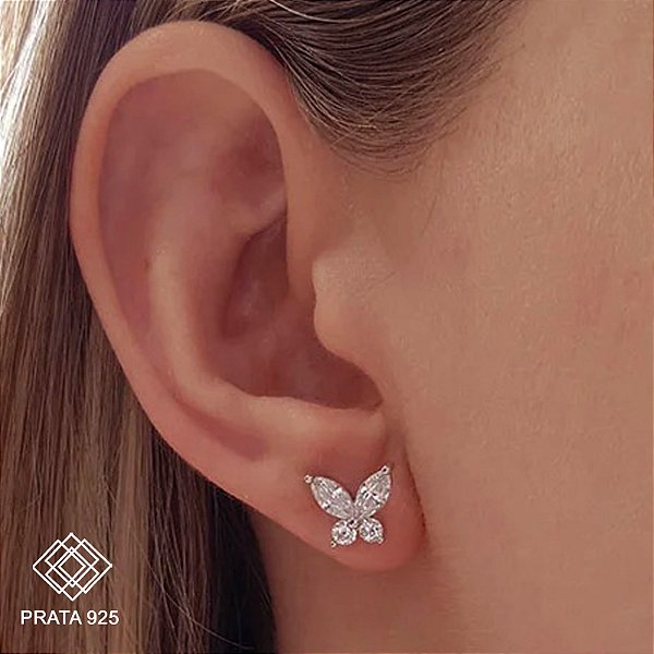 Brinco Borboleta Prata 925 Zircônia
