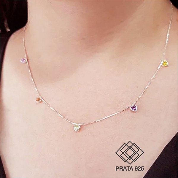 Gargantilha Corações Prata 925 Zircônias