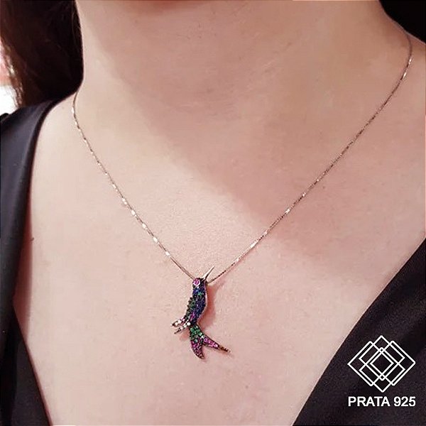 Gargantilha Beija Flor Prata 925 Zircônias