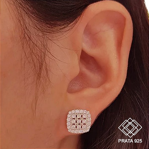 Brinco Chuveiro Quadrado Prata 925 Zircônias