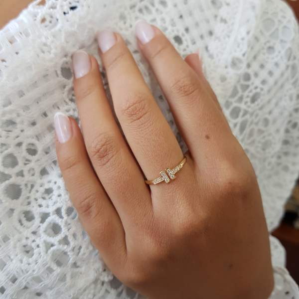 Anel T Duplo Ouro 18k Zircônia