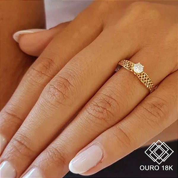 Anel Solitário Filigrana Ouro 18k Zircônia