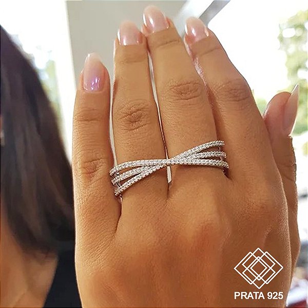 Anel Dois Dedos Prata 925 Zircônias