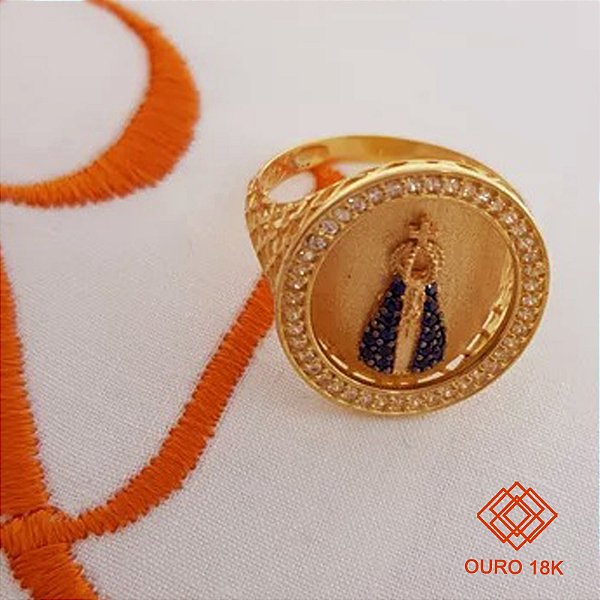 Anel Nossa Senhora Aparecida Ouro 18k Zircônia