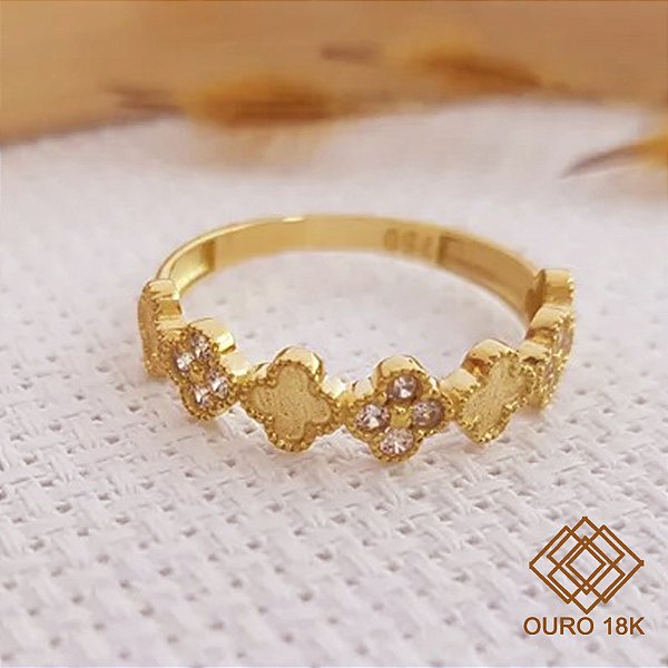 Anel Aparador Trevo Ouro 18k Zircônia