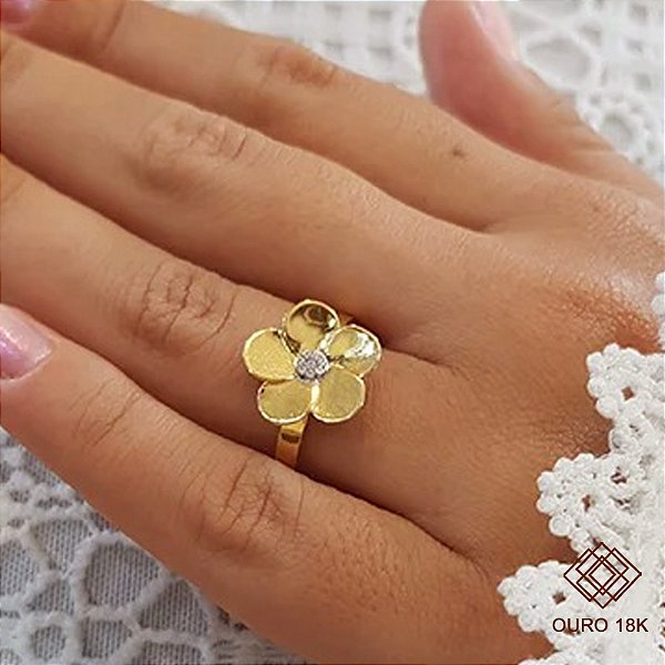 Anel Flor Ouro 18k Zircônia