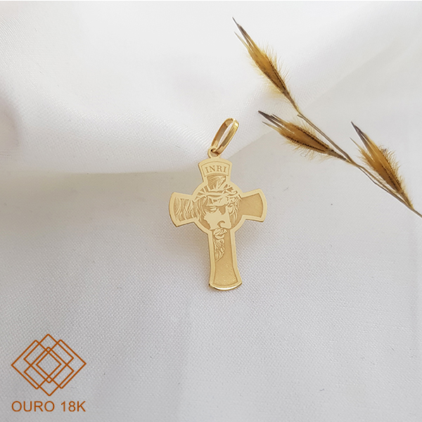 Pingente Face de Cristo Cruz Ouro 18k