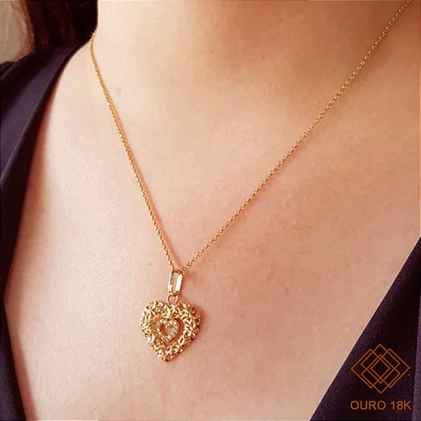 Kit Cordão Ouro 18k + Pingente Coração Filigrana Ouro 18k