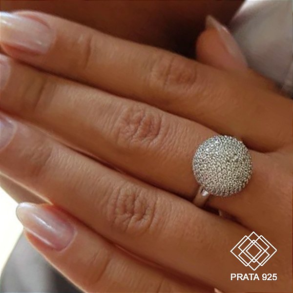 Anel Meia Bola Prata 925 Zircônias