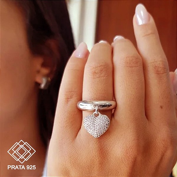 Anel Coração Prata 925 Zircônias
