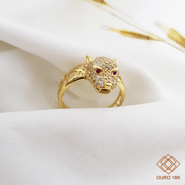 Anel Pantera Ouro 18k Zircônias