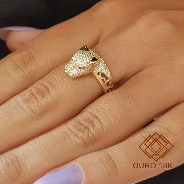 Anel Pantera Ouro 18k Zircônias