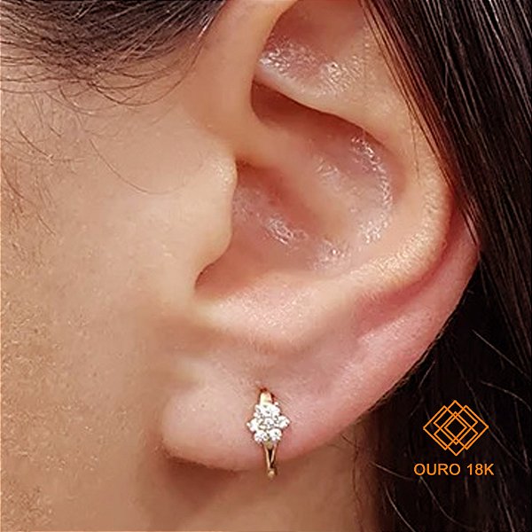 Brinco Argola Flor Ouro 18k Zircônias