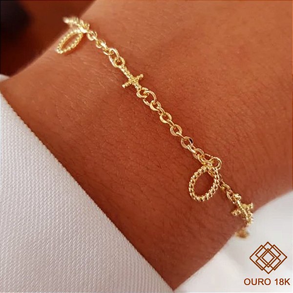 Pulseira Cruz Esferas Ouro 18k