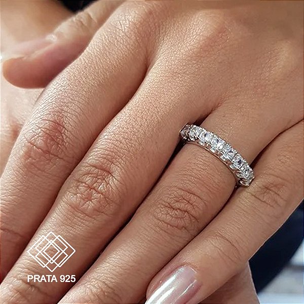 Anel Meia Aliança Prata 925 Zircônias