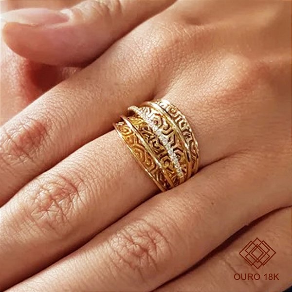 Anel Estamparia Ouro 18k Zircônia