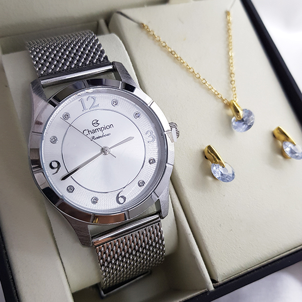 Kit Relógio Champion Feminino Prata Cn29910y