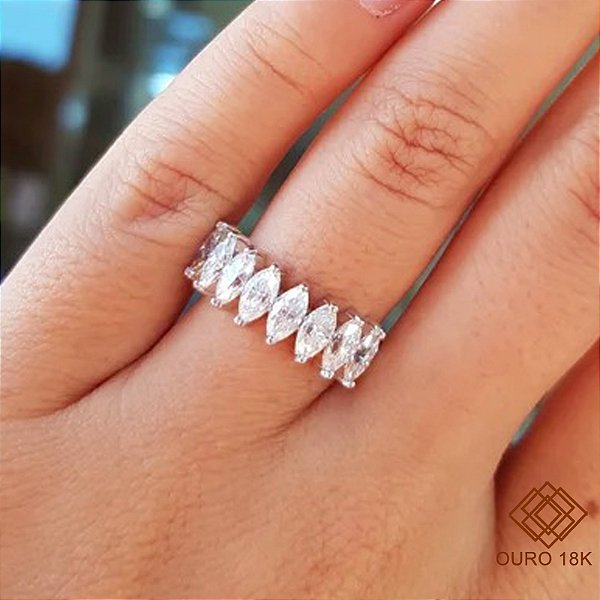 Anel Navetes Ouro Branco 18k - Brilhante Moissanite 176pts