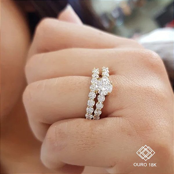 Kit Anel Solitário Ouro 18k + Anel Aparador Ouro 18k Brilhante Moissanite