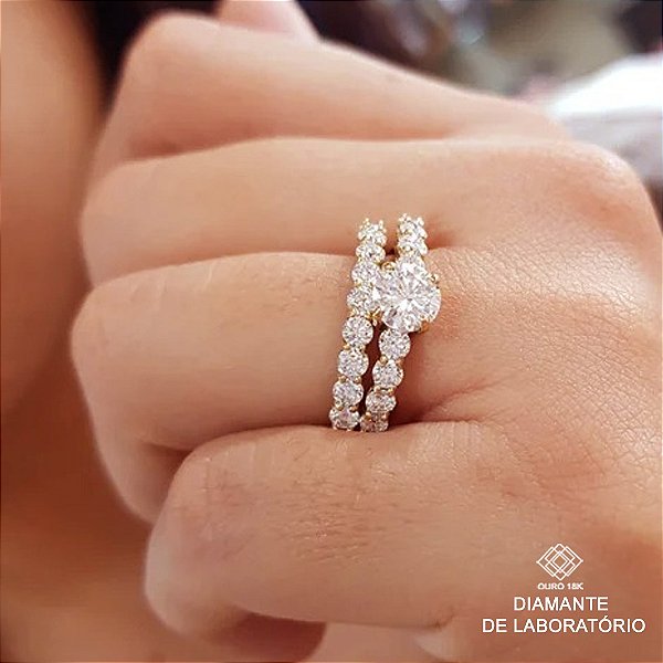 Kit Anel Solitário Ouro 18k + Anel Aparador Ouro 18k Diamante Laboratório