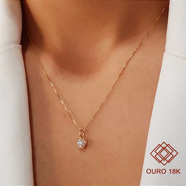 Kit Cordão + Pingente Coração Brilhante Moissanite 47pts Ouro 18k