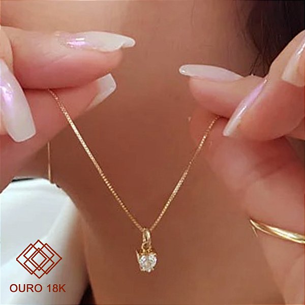 Kit Cordão + Pingente Coração Brilhante Moissanite 25 Pts Ouro 18k