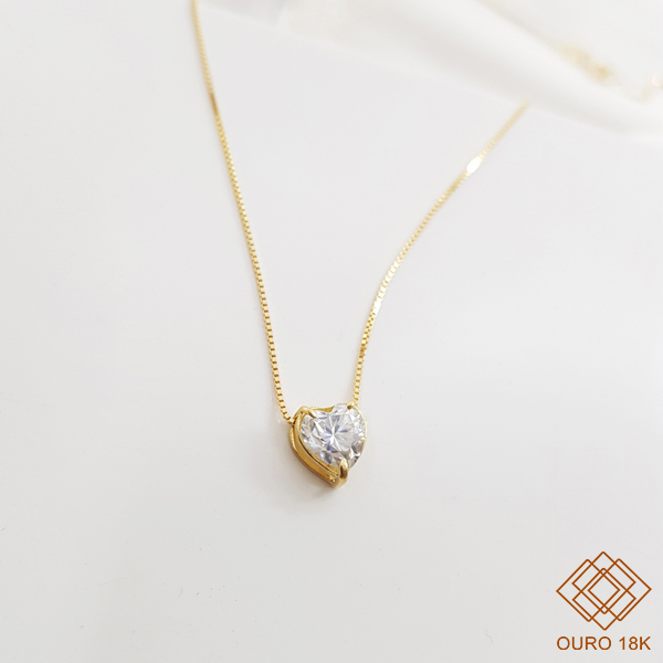 Kit Cordão + Pingente Coração Brilhante Moissanite 90pts Ouro 18k