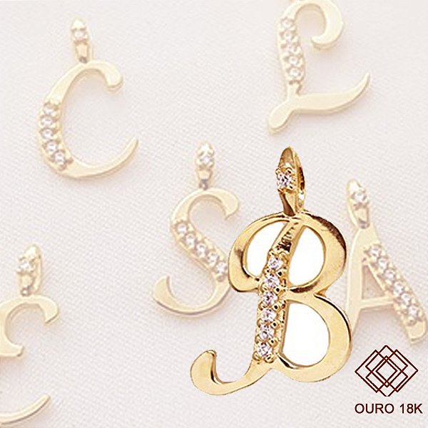 Pingente Letra B Ouro 18k Zircônia