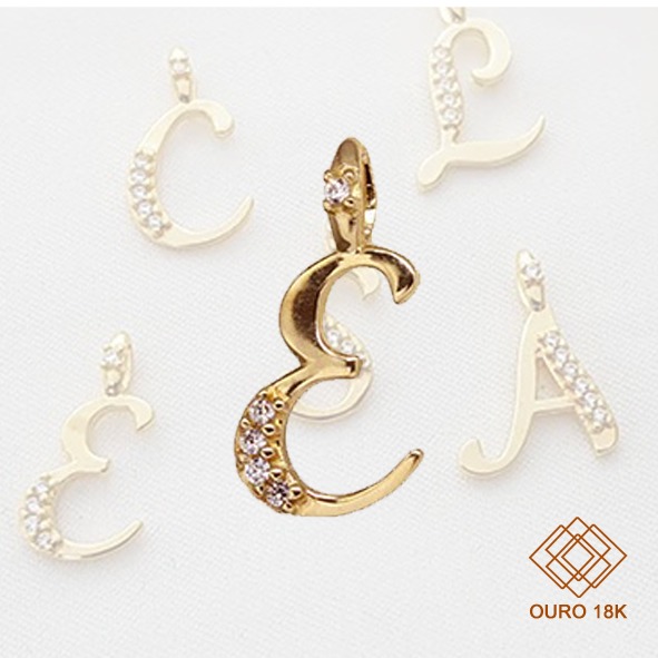 Pingente Letra E Ouro 18k Zircônia