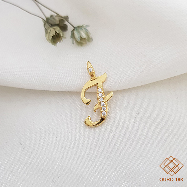 Pingente Letra F Ouro 18k Zircônia