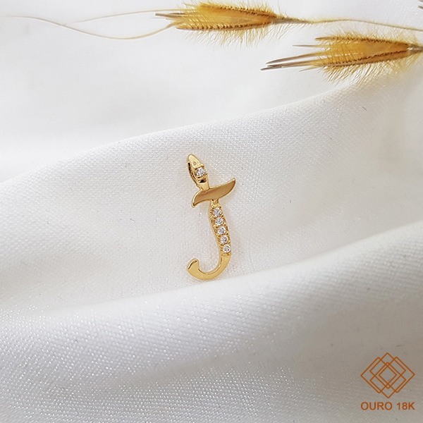 Pingente Letra J Ouro 18k Zircônia