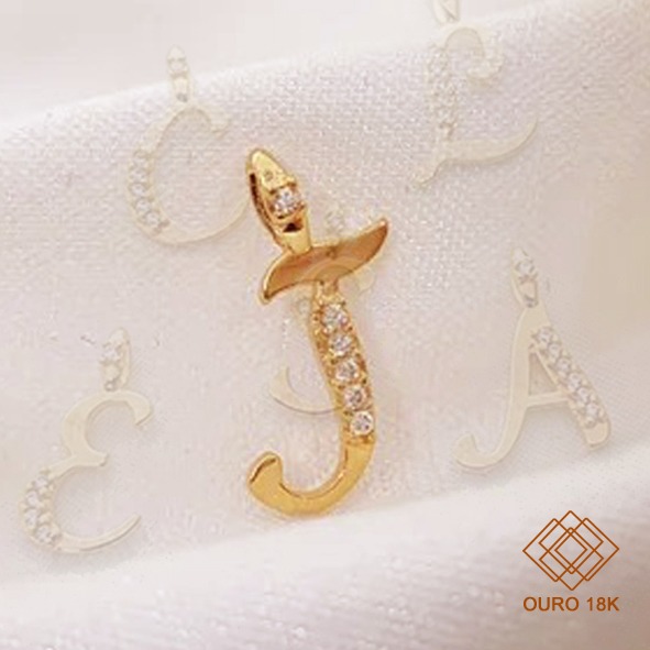 Pingente Letra J Ouro 18k Zircônia