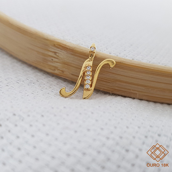 Pingente Letra N Ouro 18k Zircônia