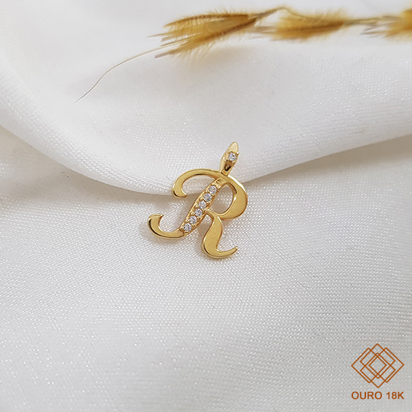 Pingente Letra R Ouro 18k Zircônia