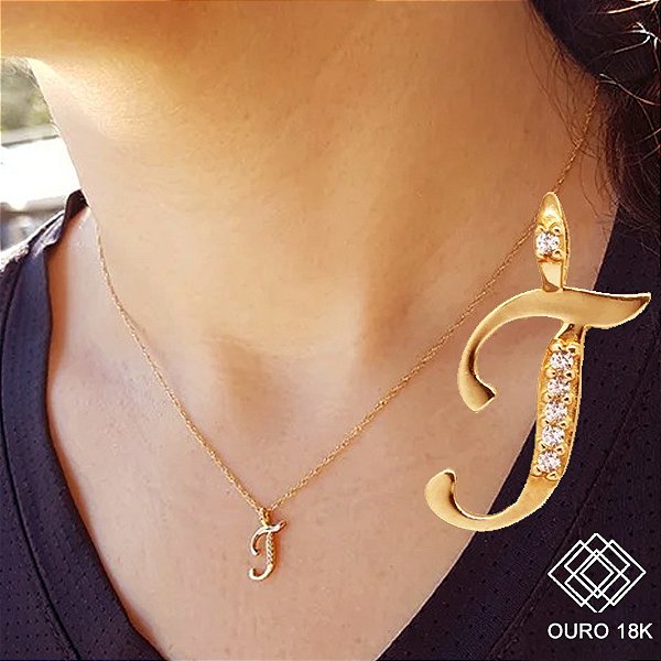 Pingente Letra T Ouro 18k Zircônia