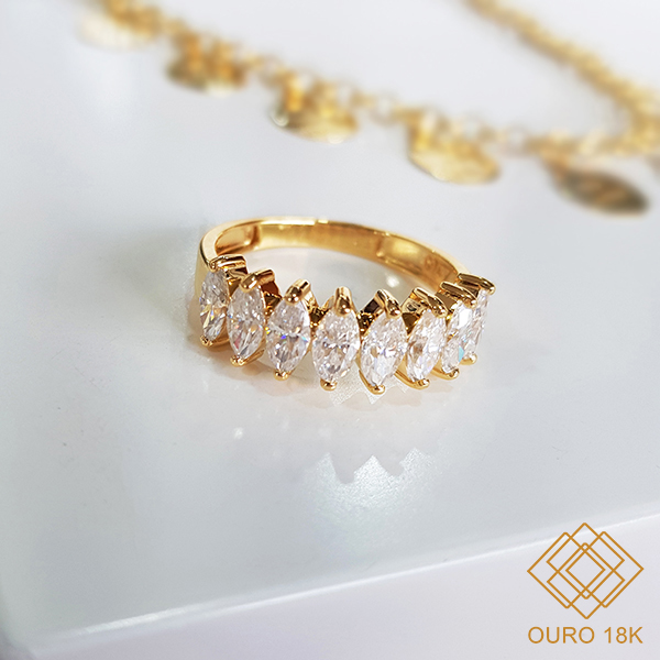 Anel Navetes Ouro 18k - Brilhante Moissanite 176pts