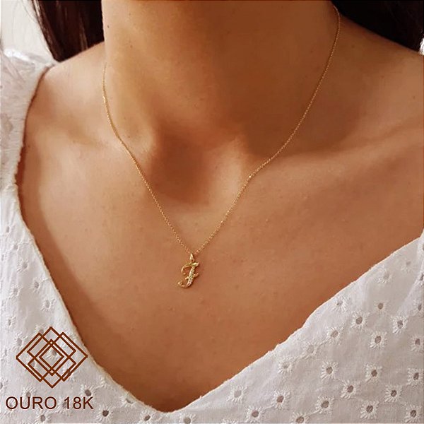 Kit Cordão Elo Português Ouro 18k + Pingente Letra F Ouro 18k