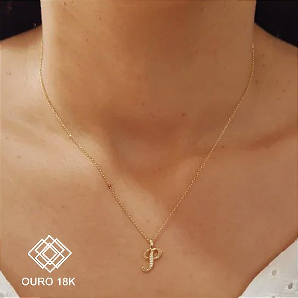 Kit Cordão Elo Português Ouro 18k + Pingente Letra P Ouro 18k