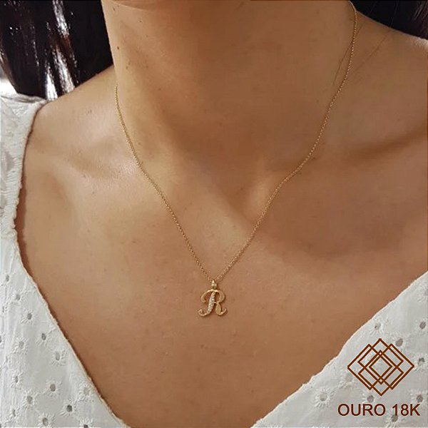 Kit Cordão Elo Português Ouro 18k + Pingente Letra R Ouro 18k