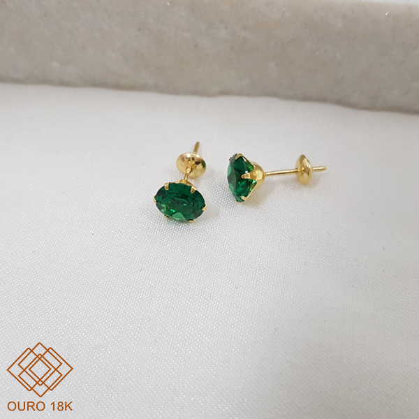 Brinco Ponto de Luz Verde Ouro 18k Zircônia