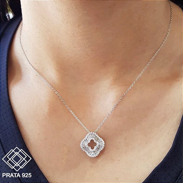 Gargantilha Trevo Prata 925 Zircônias