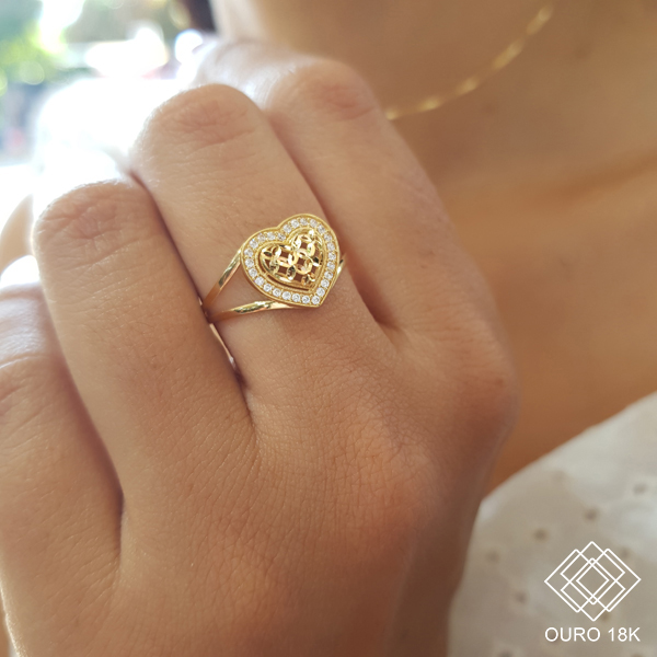 Anel Coração Diamantado Ouro 18k Zircônia