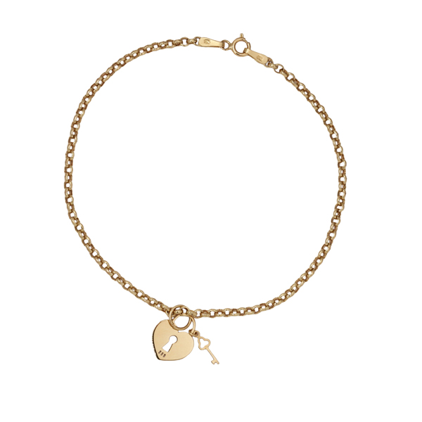 Pulseira Elo Português Pingente Coração Com Chave Ouro 18k