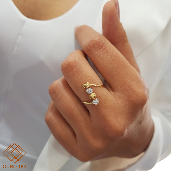 Anel Z Corações Ouro 18k