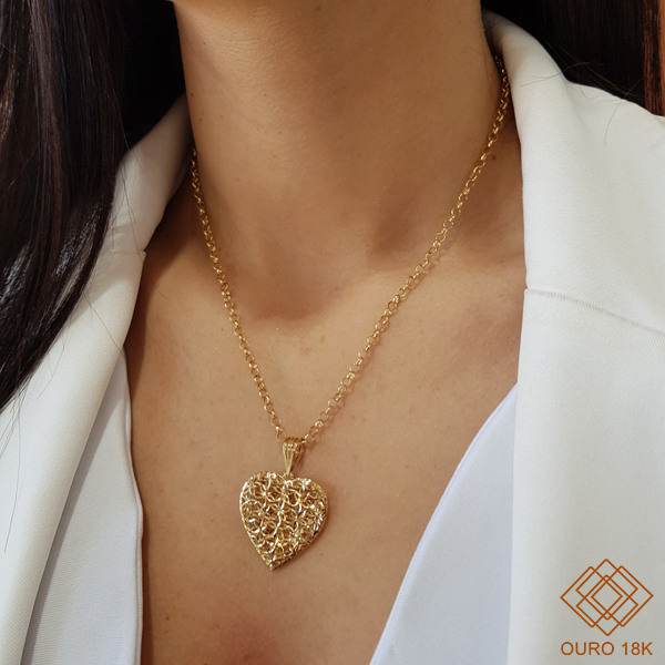 Kit Cordão Ouro 18k + Pingente Coração Diamantado
