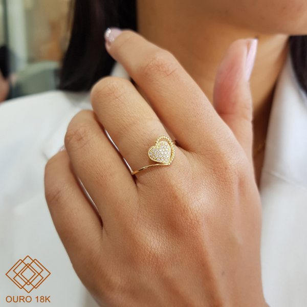 Anel Coração Esferas Ouro 18k Zircônias