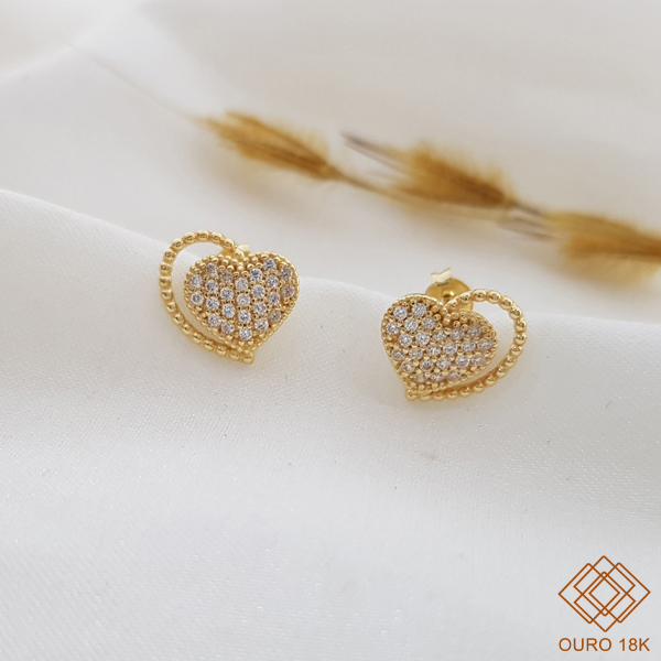 Brinco Coração Esferas Ouro 18k Zircônias