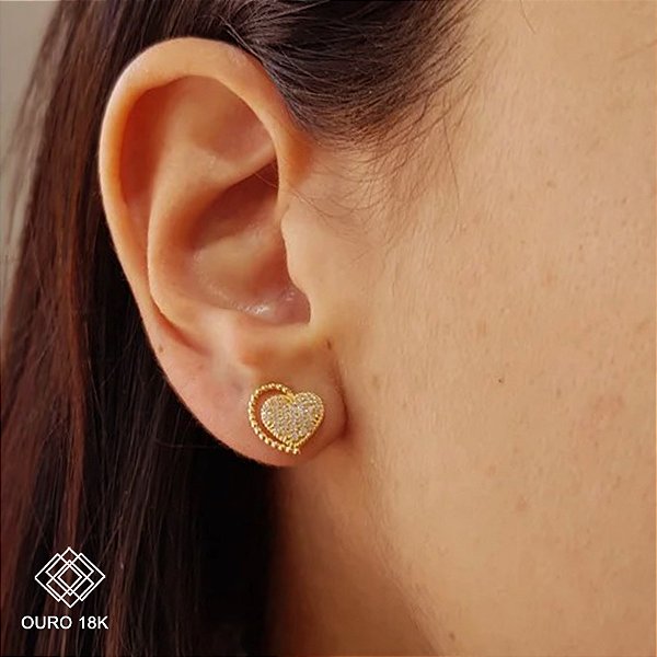 Brinco Coração Esferas Ouro 18k Zircônias
