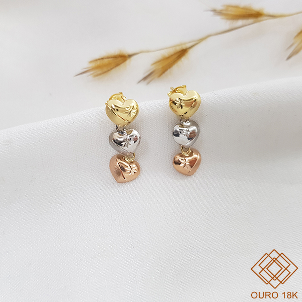 Brinco Corações 3 Cores Ouro 18k